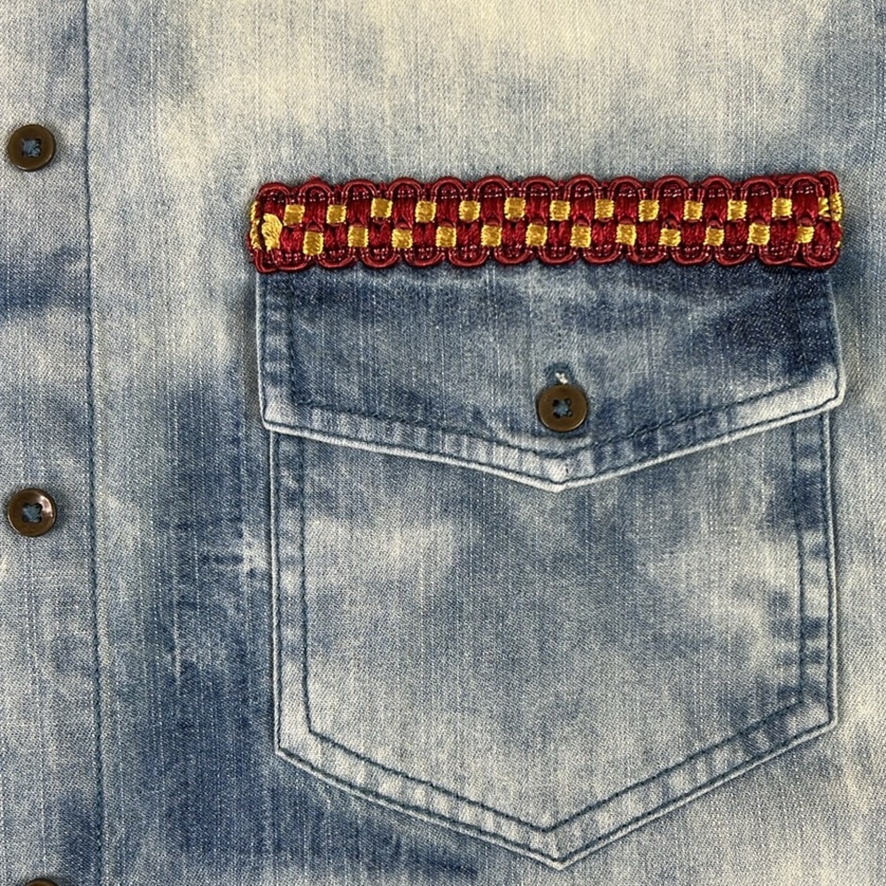 White Crow Buckle Blue Red Flannel Patchwork Button‎ Down Long Sleeve Shirt L - Picture 7 of 9